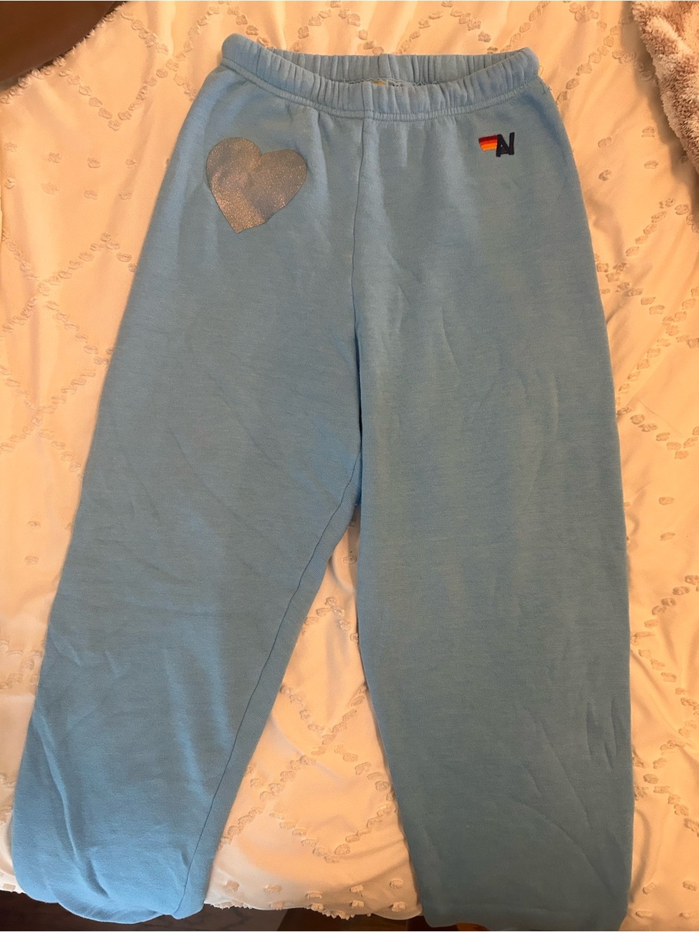 Aviator Nation Light Blue Fleece Joggers with Silver Heart Accent
